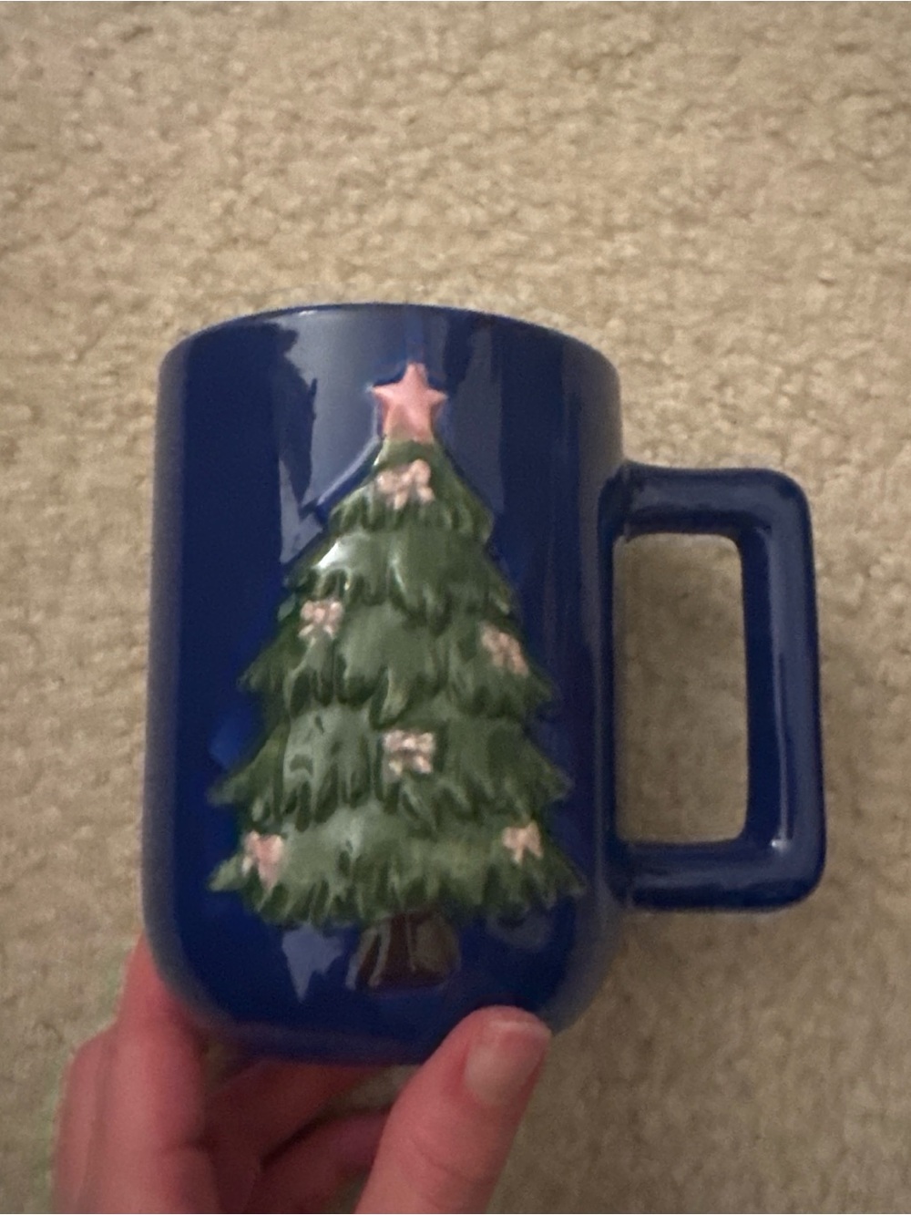 Blue Ceramic Mug with Raised Christmas Tree